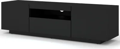 A black TV stand is shown against a white background.