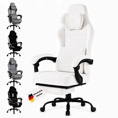 Produktbild von Gaming-Stuhl ergonomisch mit breitem Sitz, Fußstütze und 135°-Neigefunktion,Kopf-/Lendenkissen, atmungsaktiver Bezug, Memory-Schaum, leise Rollen