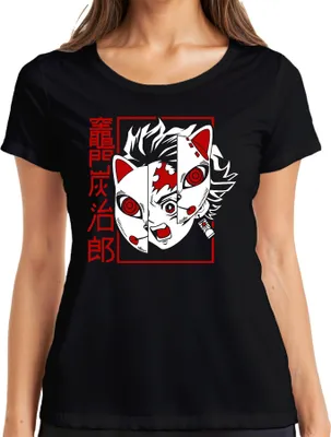 Zdjęcie produktu dla Tanjiro Kamado Kimetsu no Yaiba Fox Mask Anime Gift Ladies T-Shirt, Czarny, M