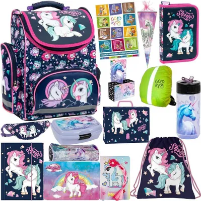 Produktbild von Einhorn Schulranzen XXL Set 15er Ranzen Tornister Federmappe Turnbeutel Gummizugmappe Zuckertüte Brotdose Trinkflasche Aufgabenheft Aktentasche Unicorn Motiv