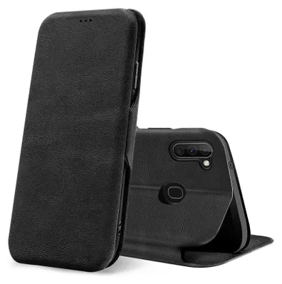 A black flip case for a smartphone is shown, with the phone partially inserted and its rear camera visible.