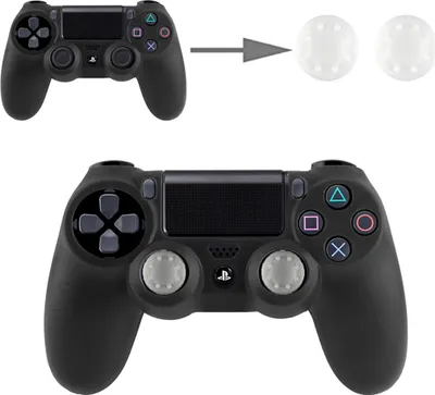 A black controller with white thumb grips shown above and a black controller with gray thumb grips shown below.