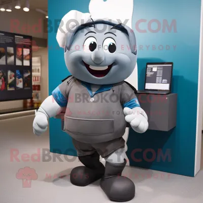Immagine prodotto di Personaggio del costume della mascotte REDBROKOLY del computer grigio vestito con una maglietta da rugby e valigette