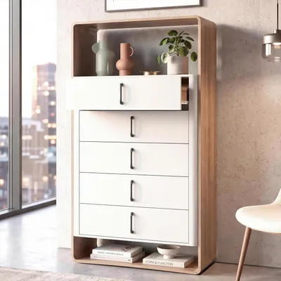 Produktbild von Highboard MCW-P43, Hochschrank Sideboard Kommode, 5 Schubladen MDF 155x80x41cm  Wotan-Eiche-Optik, weiß