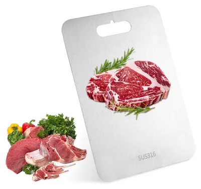 Produktbild von Schneidebrett aus Edelstahl, 100 % Edelstahl 316, beidseitig verwendbar, lebensmittelecht, langlebig und leicht zu reinigen. Ideal für Fleisch, Brot, Gemüse und Obst. 34 x 23 cm