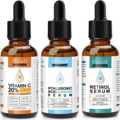 Produktbild von Gesichtsserum Set mit Vitamin C, Hyaluron, Retinol Serum, Anti-Falten Anti-Aging, SET 1x Vitamin C/ 1x Hyaluronic Acid/ 1x Retinol