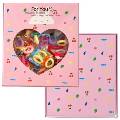 Produktbild von Set mit 50 bunten Haarbändern für Kinder in einer Box