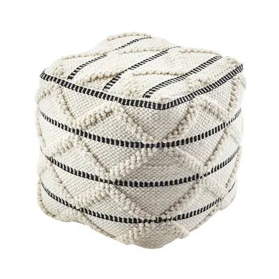 A cube-shaped pouf with a textured pattern and black stripes, shown against a white background.