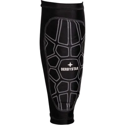 A black shin guard with a hexagonal pattern and the brand name 'DERBYSTAR' printed on it.