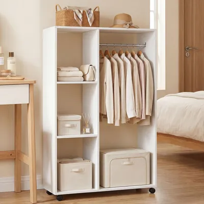 Produktbild von Rollbarer Kleiderschrank offen, mobile Garderobe mit Rollen, Kleiderständer Spanplatte, Weiß | 80 x 40 x 128 cm | 3 Regalböden | belastbar bis 15 kg