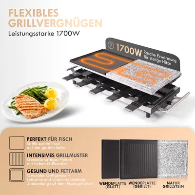 Image de ProfiCook®️ Raclette 10 personnes avec pierre de gril naturelle chaude | incl. 10 poêlons & spatule en bois | Poignée en acier inoxydable (isolation thermique) | PC-RG 1144