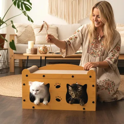Produktbild von Katzenhaus Katzen Kratzmöbel TV-Modell – Kratzhaus & Kratzbrett Karton Katzenhaus