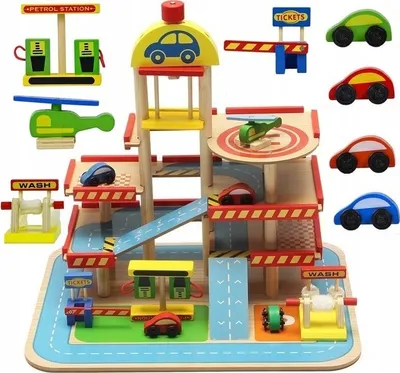 Produktbild von KRUZZEL Parkhaus für Kinder 3-Ebene Auto Garage aus Holz für Kinder über 3 Jahren - Set enthält 4 Autos, Hubschrauber - Parkgarage für Kinder Garage - Rollenspielzeug 22446