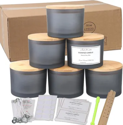 Produktbild von PromoHome® 6er-Set graue Glasgefäße mit Bambusdeckeln – luftdichte Behälter für Kerzenherstellung und Küchenaufbewahrung