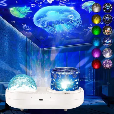 A star projector night light is shown in a room, projecting a jellyfish and bubble effect onto the ceiling and walls. Several circular images showing different light color options and patterns are displayed on the right side of the image.