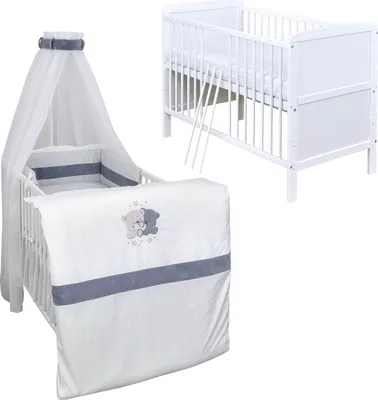 Produktbild von Baby-Delux Babybett Kinderbett Umbaubar 140x70 Weiß Bettset Komplett mit Motiv Loving Bears