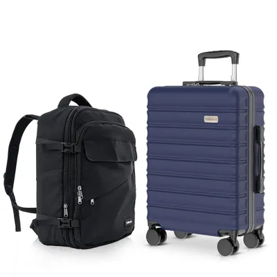 Image de Valise à roulettes rigide de 20 pouces avec sac à main / Valise rigide en ABS / Valise de voyage à 4 roulettes, M/40 L, bleue, serrure à combinaison TSA