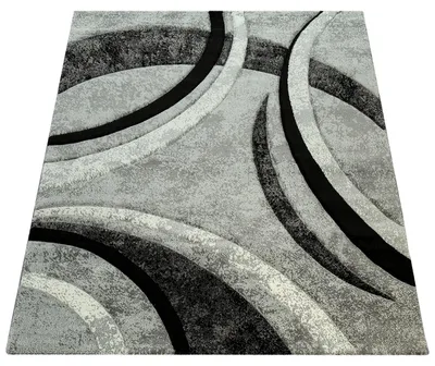 Produktbild von Designer Teppich mit Konturenschnitt Muster Gestreift Grau Schwarz Creme Meliert Grösse 80x300 cm
