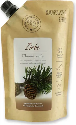 Produktbild von Florex Flüssigseife Zirbe im Refill-Beutel mit Bio Schafmilch 500 ml