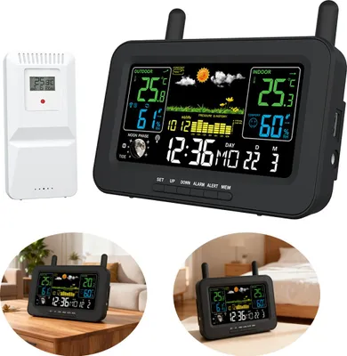 Produktbild von Multifunktionale Wetterstation funk – Temperatur-/Feuchtigkeitsüberwachung, Barometer, Wecker & Wettervorhersage
