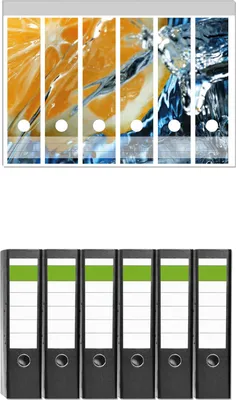 Produktbild von Wallario 6 Stück breite Ordner inkl. Klebeetiketten mit Motive Orange in spritzigem Wasser vor blauem Hintergrund -  Set mit Rückenschildern / Ordnerrücken Stickern