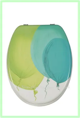 A toilet seat lid with a balloon design.