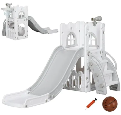 Produktbild von 5-in-1-Kinderrutsche mit Basketballkorb | Farbe: Grau, Weiß | Abmessungen: 177x70x92 cm