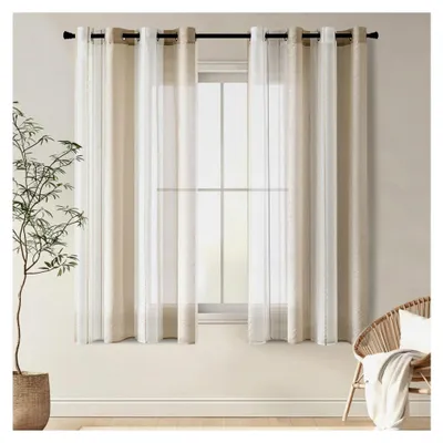 Produktbild von Kurze Vorhänge mit Ösen in Beige-Weiß gestreift, Voile Gardinen im 2er Set, halbtransparent für Wohnzimmer und Schlafzimmer, 140x137 cm