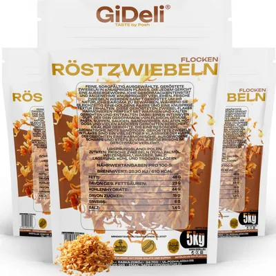 Image de Oignons rôtis, 15 kg. Oignons croustillants, rôtis. Idéal pour les burgers, les hot-dogs, les frites et comme condiment. Marque : GiDeli