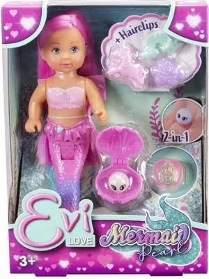 Immagine prodotto di Manichino bambola Evi Love Sirena, capelli rosa, con anello e perla, 14 cm, dai 3 anni in su