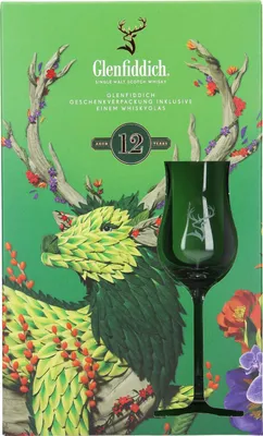 A gift set box for Glenfiddich 12 Year Old Single Malt Scotch Whisky, featuring a stylized mythical creature and a nosing glass.