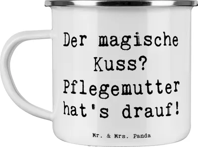 Produktbild von Mr. & Mrs. Panda Teebecher Spruch Pflegemutter Kuss - Weiß - Geschenk, Pflegekind, Teetasse, Geborgenheit, Emaille Tasse, Dankeschön, magischer, Magie, Familie, Trost