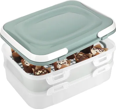 Produktbild von com-four® Partycontainer mit 2 Etagen und Hebeeinsatz - Kuchen Transportbox für Lebensmittel - Kuchencontainer mit Tragegriff - türkis pastell
