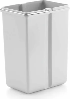 A white rectangular trash can insert with a silver handle on top.