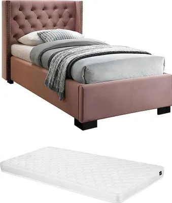 Produktbild von Bett MASSIMO mit gestepptem Kopfteil - 90 × 200 cm - rosa Velours + Matratze