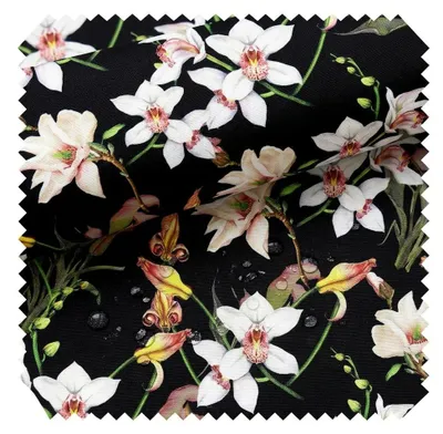 Produktbild von novely® OXFORD 210D - D181 Weiße Orchideen - Bedruckter Polsterstoff - Outdoor Dekostoff - Wasserabweisende Reißfeste Meterware 1lfm
