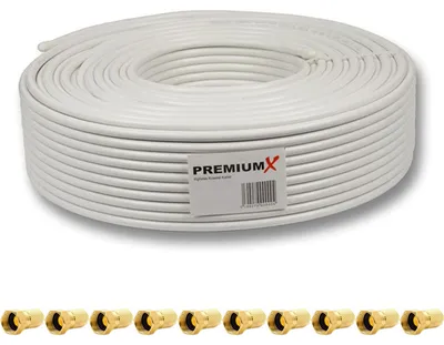 Produktbild von 50m PremiumX Deluxe Pro Vollkupfer Koaxial Kabel 5 fach geschirmt + 10x PremiumX F-Stecker 8mm mit Dichtring SAT Antennenkabel