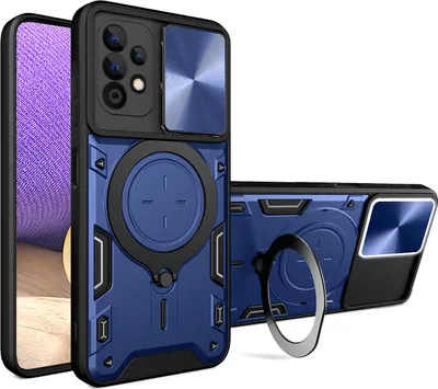 Produktbild von Handyhülle für Samsung Galaxy A32 5G Dual-Layer Stoßfest Rüstung Hülle mit Dia Kameraschutz und Kreisförmig Ring Ständer Blau