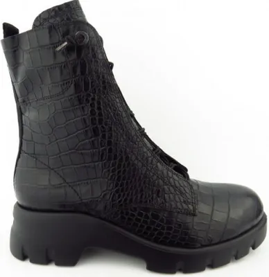 A black leather boot with a crocodile texture.