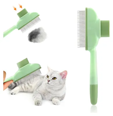Produktbild von Fellblitz Bürste für Katzen, Selbstreinigende Tierhaarpflegebürste mit Entriegelungsknopf, Flohkamm für Katzen und Hunde, Pflege für Lang- und Kurzhaare, Entfernt Unterwolle und lose Haare (Grün)