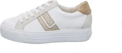 A side view of a white sneaker with gold accents.