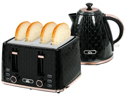 Image de Ensemble petit-déjeuner, grille-pain et bouilloire 2-en-1, grille-pain 4 fentes, noir, plastique | Fonction décongélation et réchauffage | 7 niveaux de brunissage | 1,7 L