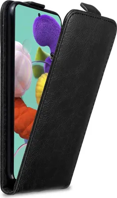 A black flip case for a smartphone is shown open, revealing the phone's screen.