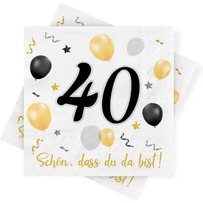 Productafbeelding van Servetten voor 40e verjaardag, zwart en goud, 30 stuks, 3-laags, 33x33 cm