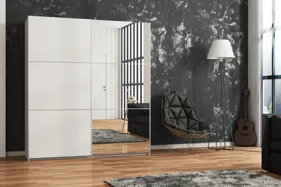Produktbild von Modern Kleiderschrank mit Spiegel VIGO, Schwebetürenschrank, Sideboard, Schrank Wohnzimmer (Weiß, 200 cm)