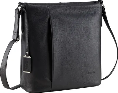 A black leather handbag is shown against a white background.