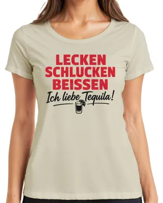 Immagine prodotto di Lecken, schlucken, mordere. Amo il tequila. Maglietta da donna per feste di addio al nubilato, con scritta "Statement", "Sarcasmo", taglia L