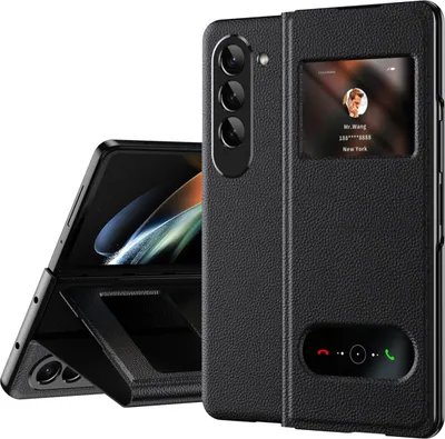 Produktbild von Hülle für Samsung Galaxy Z Fold 5 Schlank Flip Leder View-Fenster Schutzhülle mit Standfunktion Litschi Schwarz