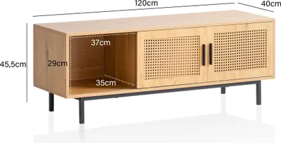 A wooden TV stand with cane-like doors and open shelving, with dimensions indicated by text overlays.
