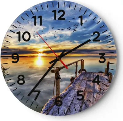 Produktbild von Wanduhr - Rund - Glasuhr - See Brücke - 40x40cm - Schleichendes Uhrwerk - Lautlos - zum Aufhängen bereit - Dekoration Modern - Wanddekoration aus Glas - C4AR40x40-3963
